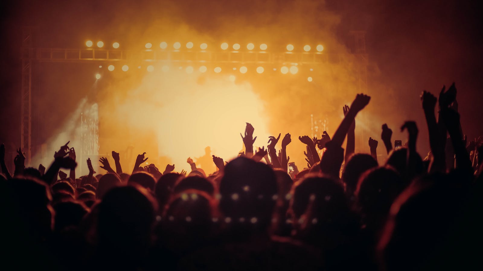 Concert crowd facing a brightly lit stage